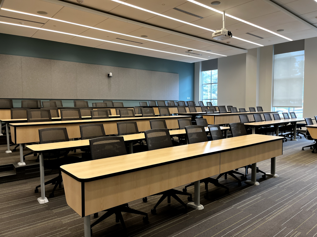 Large, tiered classroom in the Payden Academic Center